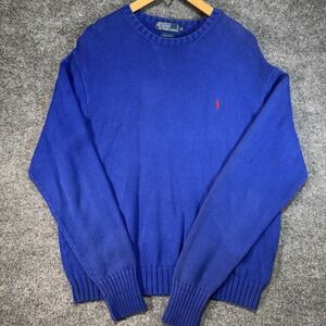 Polo Ralph Lauren Fisherman Knit Sweater Men XL Blue Chunky Pony Logo Vintage 90